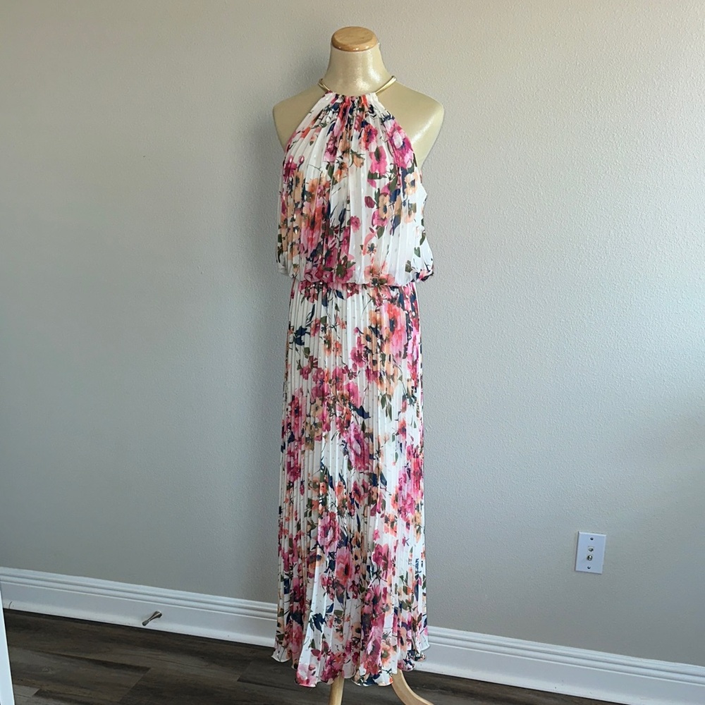 MSK Floral Pleated Maxi Dress - Pink and White